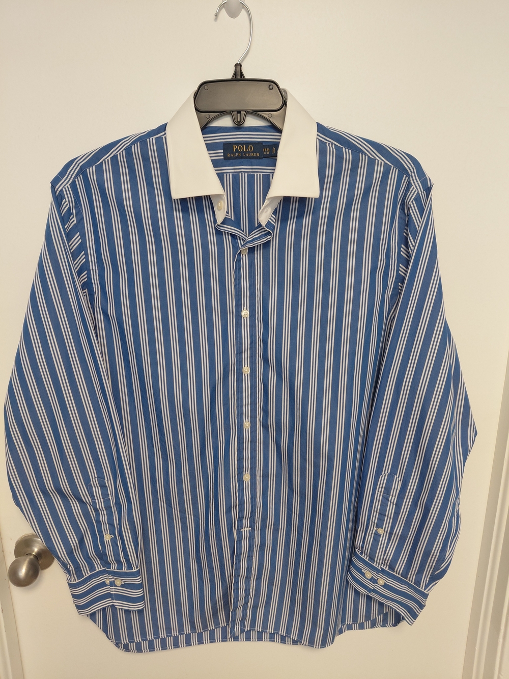 Polo by Ralph Lauren Blue Vertical-Stripe Dress Shirt with White Contrast Collar